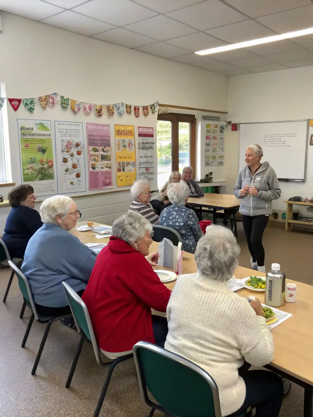 A group of seniors participating in a health and wellness workshop with an instructor at Calmgrandpa, learning practical guidance for daily life.