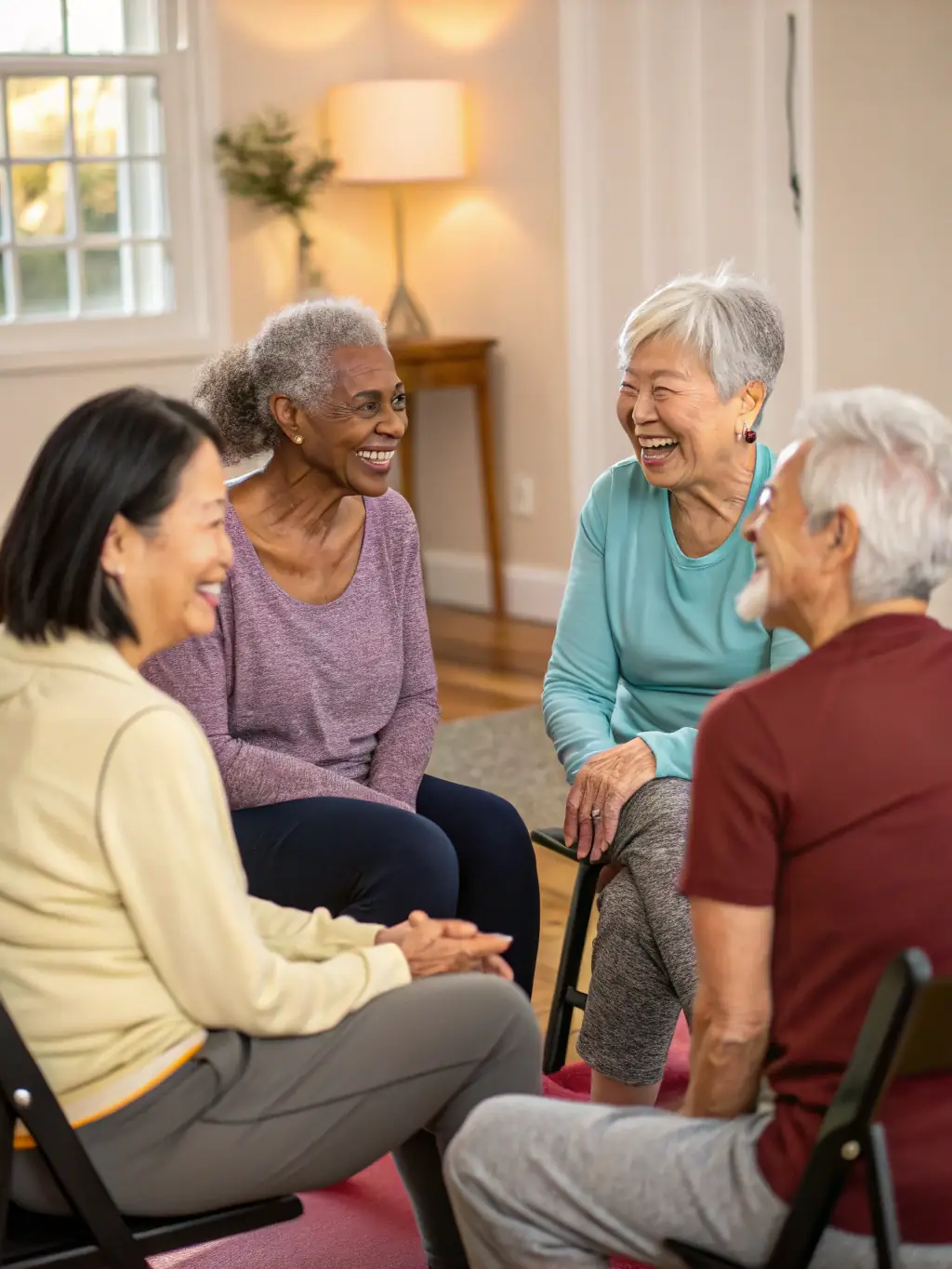 A bright and inviting photo of seniors laughing and chatting in a comfortable lounge area at Calmgrandpa, showcasing the center's friendly atmosphere.
